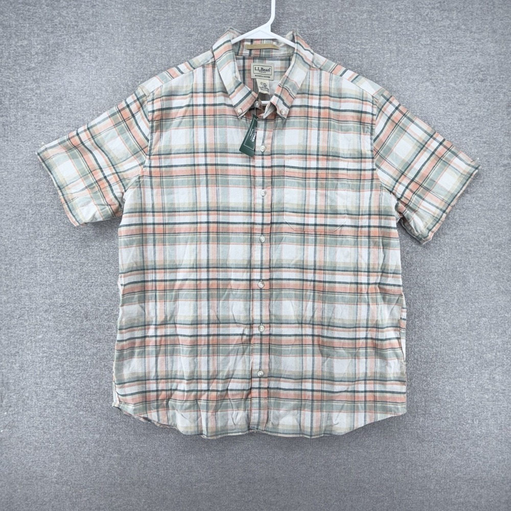 LL Bean Hemp Shirt Men Size Large Regular Plaid Oyster Tan Casual NEW